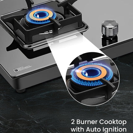 Sujata Premium Gas Stove Auto Ignition | 9 Years Warranty | Gas Stove 2 Burners Glass Top, SABAF, ISI Certified, LPG & PNG Compatible, 360° Rotating Brass Gas Nozzle, Jumbo Brass Burner (Black) 