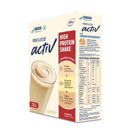 Nestlé Resource Active, High Protein Shake with New Edge Formula, Vanilla Flavour, Strengthens Muscles, Bones, Immune System, Improves Skin 400g Bag-in-box pack 