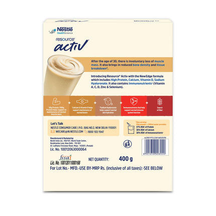 Nestlé Resource Active, High Protein Shake with New Edge Formula, Vanilla Flavour, Strengthens Muscles, Bones, Immune System, Improves Skin 400g Bag-in-box pack 