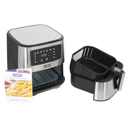 AMERICAN MICRONIC- Air Fryer-Digital- 6.5 Litre, 8 Preset Menus, 1700W Power, 200C Temperature and 60 Minute Timer - AMI-AFD-65LDx-Digital- Free recipe book-Black & Steel 