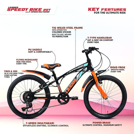 Leader Speedy Bike 20T 7 Speed Kids Cycle | Frame Size 12 Inch | Gear Cycle for Boys & Girls of Ages 7 to 10 Yrs - Black/Orange, Front Suspension 