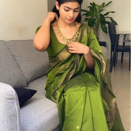 SIRIL Women's Soft Silk Saree | Banarasi Silk Sari | Jacquard Zari Work Saree With Unstitched Blouse Piece (4051S599_Olive Green) 