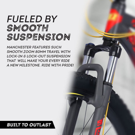 NINETY ONE Limited Edition Manchester 27.5T 21 Speed Shimano ACERA Gears Alloy Bike with Dual Disc Brake Hybrid Bike (Black and Red, 12+ Years, 27.5 x 2.2, 18.5 Inches Frame) for Men 