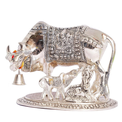 Kamdhenu Cow,Calf with Bal Gopal Krishna Metal Statue for Good Luck,Feng Shui As Table Top Figurine,Vastu,Religious Gau MATA Idol Home,Office&Table Decorative,Animal 
