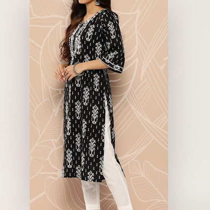 Libas Women's Cotton Embellished Straight Kurta (26185_Black 