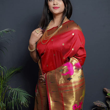 SGF11Women's Paithani Kanjivaram Pure Soft Silk Handloom Saree Pure Golden Zari With Blouse Piece (Red) 