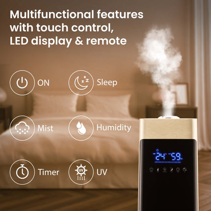 AGARO Royal Cool Mist Top Fill Ultrasonic Humidifier, For Bedroom, Home, Office, Multifunction Touch Panel With Led Diplay And Remote, 360° Nozzle, Super Quiet, Auto Shut Off(Black), 8 liter 