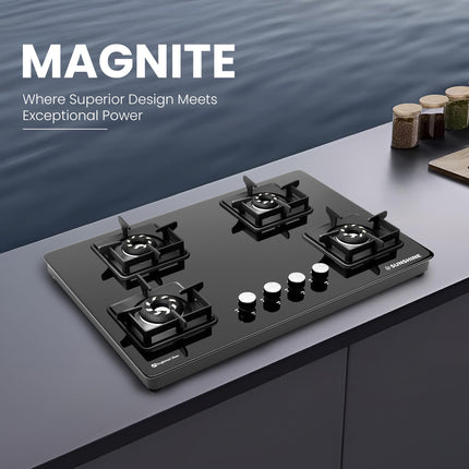 Sunshine Magnite Gas Stove | 4 Burner Glass Hob Top Cooktop | Warranty By Sunshine - 5 Year On Glass & Burner And 10 Year On Valve, Manual Ignition, SABAF, LPG Ready & PNG Compatible (Premium - Black) 