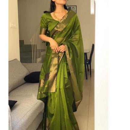 SIRIL Women's Soft Silk Saree | Banarasi Silk Sari | Jacquard Zari Work Saree With Unstitched Blouse Piece (4051S599_Olive Green) 