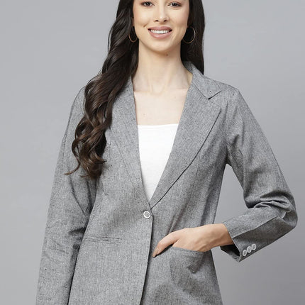 Women Grey Solid Regular Fit Single Breasted Blazer 