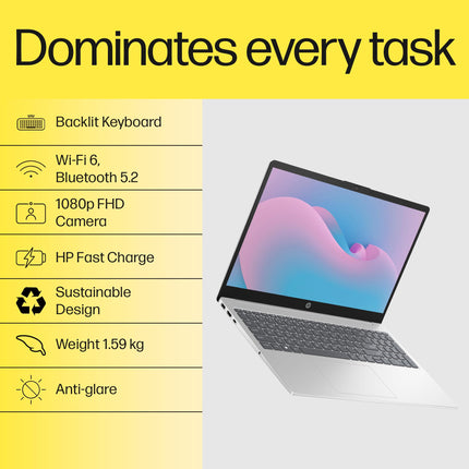 HP 15, AMD Ryzen 5 7520U, 16GB DDR5, 512GB SSD, (Win 11, Office 21, Silver, 1.59kg), Anti-Glare, Micro-Edge, 15.6-inch(39.6cm), FHD Laptop, AMD Radeon Graphics, 1080p FHD Camera, Backlit KB, fc0156AU 