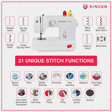 Singer Promise 1408 Zig-Zag Sewing Machine, 8 Built-in Stitches, 24 Stitches Functions with 70W Powerful motor & Feed dog with106 Teeth in 6 Rows (White)-Get Free Online Interactive Master Class 