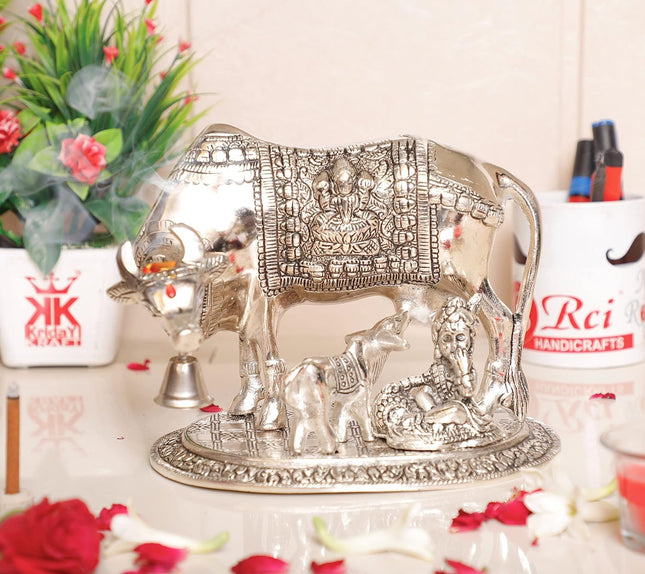 Kamdhenu Cow,Calf with Bal Gopal Krishna Metal Statue for Good Luck,Feng Shui As Table Top Figurine,Vastu,Religious Gau MATA Idol Home,Office&Table Decorative,Animal 