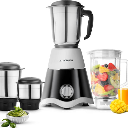 Longway Super Dlx 750 Watt Juicer Mixer Grinder with 4 Jars for Grinding, Mixing, Juicing with Powerful Motor | 2 Year Warranty | (Black & Gray, 4 Jars) 