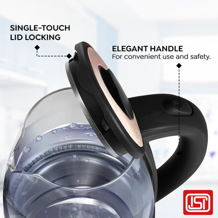 Prestige PKGB 1.8 Litre Electric Glass Kettle| LED Power Indicator| Borosilicate Glass| Automatic Power Cut-Off| Concealed Element| 360 Degree Swivel| Cool Touch Handle 