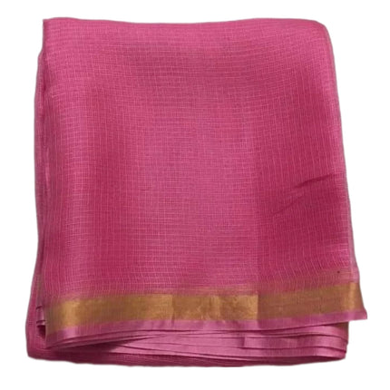 ZAFREEN HANDLOOM | Women's Bhagalpuri Pure Kota Doria Silk Saree With Small Zari Boder And Running BP Free Size (Pink) 