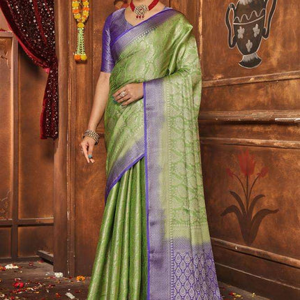 premvastra Women's Pure Silk Brocade Mysore Silk sarees Banarasi Silk Jacquard Zari Work With Unstitched brocket blouse with borders-008 (Green) 