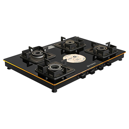 Faber Stylish 4 Brass Burners 69cm Sleek Cooktop |Manual Ignition|MS Powder Coated Pan Support|Black Glass Finish|5 Yrs Warranty Glass & Burners|2 Yrs Comprehensive & Valve| Cooktop Prince Plus 4BB BK 