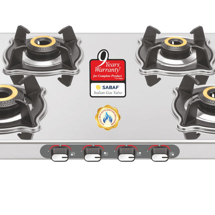 Sujata Sterno Auto Ignition Gas Stove | 9 Years Warranty | Gas Stove 4 Burners Steel Body, SABAF, ISI Certified, LPG & PNG Compatible, Jumbo Brass Burners (Stainless Steel) 