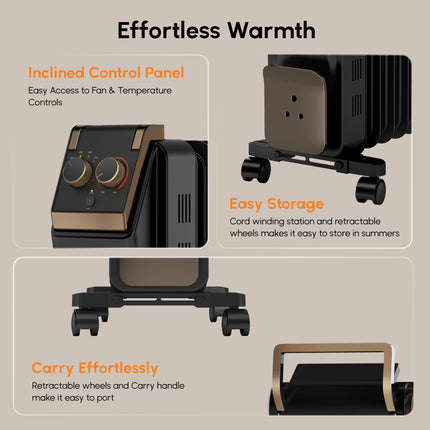 Havells 9 Fin Hestio Straight Fin OFR (Oil Filled Radiator)|Room Heater|2400 W|3 Heat Settings & PTC Fan Heater|Inclined Control Panel|Retractable Wheels| Comfortable Breathing|360° Heating (Black) 