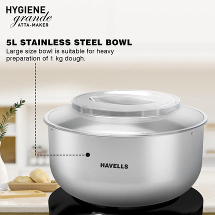 Havells Hygiene Grande Atta Kneader Dough Maker with 5L SS Bowl, Up to 1 KG Dough Maker, 4 Speed, Aluminium Dough Hook, Transparent Anti Splatter Lid with Lock, Hands Free Operation, 2 Yr Warranty 