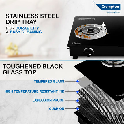 Crompton FlameStar 2 Burner Glass Top LPG Gas Stove | 1 Jumbo & 1 Medium Brass Burner | Max Space | Easy Cleaning | Toughened Glass | Tri Pin Burners | 2 Year Manufacturer's Warranty 