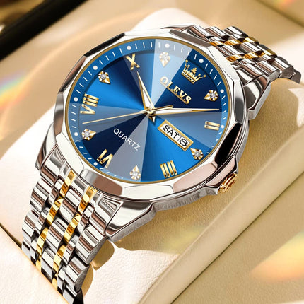 OLEVS Watch for Men Diamond Business Dress Analog Quartz Stainless Steel Waterproof Luminous Date Two Tone Luxury Casual Wrist Watch 