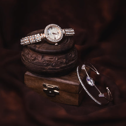 BAREPEPE Rose Gold Watch Gift Set For Women/Girls with Jewellery - Gift for Wife, Sister, Mother, Girlfriend, Valentines Day, Rakshabhandhan/Rakhi 