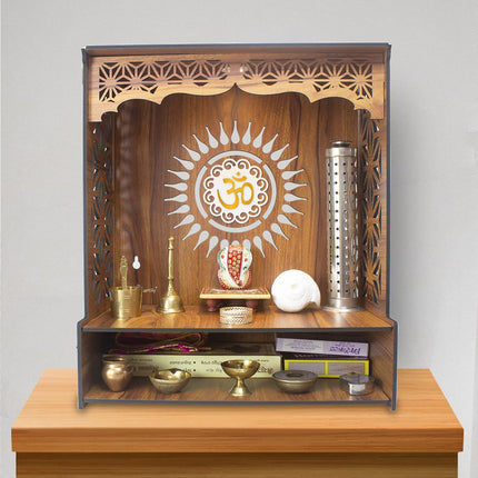 Heartily® Shree Beautiful Wooden Pooja Stand for Home Mandir for Home Temple for Home and Office Puja Mandir for Home and Office Wall with LED Spot Light Product (H- 18, L- 16, W-8.75 Inch) 