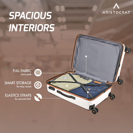 Aristocrat Atlas Check-in Trolley Bag 66cm | Medium | Hard Luggage | Smooth 8-Wheel Suitcase | Secure Combination Lock with Sturdy Zipper | Full Fabric Convipack | 3-Year Warranty (Pearl White) 