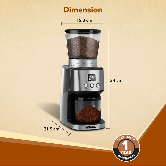 AGARO Stainless Steel Supreme Coffee Grinder,Conical Burr Grinder,31 Grinding Settings,Pulse Mode,Adjustable Digital Timer,Single Dose Grinder For Espresso Filter Dripper Moca,Espresso,Silver 
