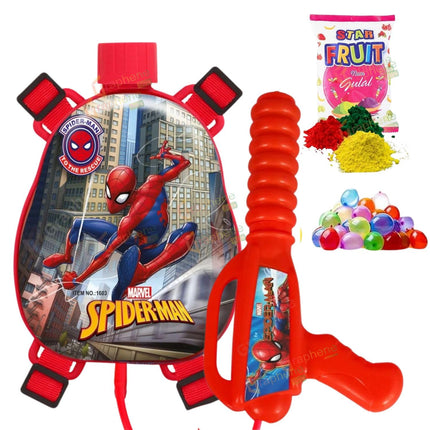 GRAPHENE Red Holi Pichkari Water Gun for Kids 500ml Back Holding Water Tank Pichkari High Pressure 1 Pkt Gulal & 100 Water Balloons Spider Man Water Spray Pistol Gun ISI Approved 