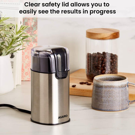 AGARO Grand Electric Coffee Grinder, Stainless Steel Blades, Grinds up to 60 Grams Dry Coffee Beans, Portable, Silver 