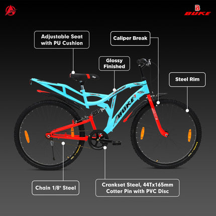 Avon Buke Draco 26T MTB Bicycles for Men |Frame Size: 18.5 Inches|Wheel Size: 26 Inches|Short Bent Handle Bars|Rigid Fork with Caliper Break with Centre Frame/Steel Rim(Matt Glossy Sky Blue) 