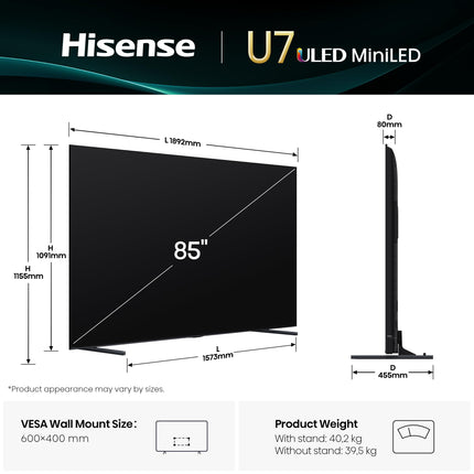Hisense 215 cm (85 inches) U7Q Series 4K Ultra HD Smart QLED Mini LED TV 85U7Q (Black) 