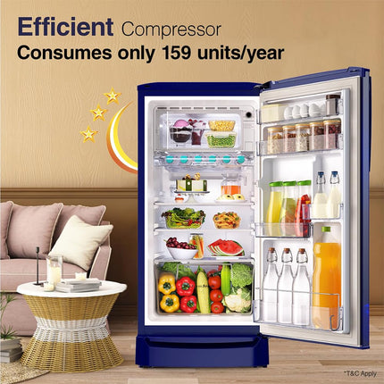 Godrej 183 L 3 Star | Farm Fresh Crisper Technology | Turbo Cooling Technology | Wide Shelf | Jumbo Vegetable Tray | Wired Shelves Direct Cool Single Door Refrigerator (RD R190C WRF NY BL, Navy Blue) 