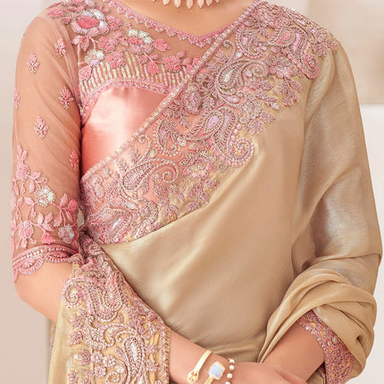 AKHILAM Women's Cream Pure Chiffon Embellished Saree With Unstitched Blouse (SNDLWOD1303_TFH) 
