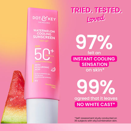 Dot & Key Watermelon Cooling Sunscreen SPF 50+ PA++++ | With Hyaluronic Acid, Instantly Cools Skin, Broad Spectrum Protection | Controls Excess Oil, Checks Tanning, No White Cast, All Skin Types | 50g 