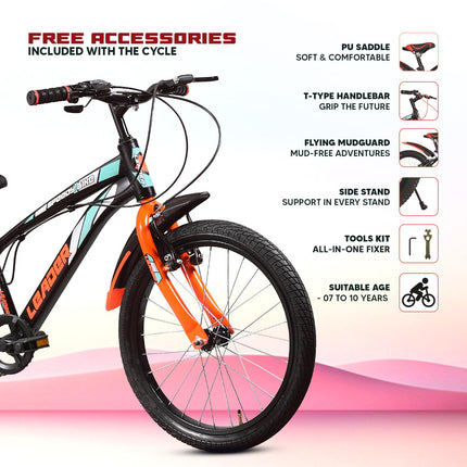 Leader Speedy Bike 20T 7 Speed Kids Cycle | Frame Size 12 Inch | Gear Cycle for Boys & Girls of Ages 7 to 10 Yrs - Black/Orange, Front Suspension 