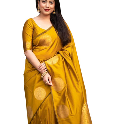 C J Enterprise Women's Banarasi Saree Pure Kanjivaram Silk Saree Soft Design Wear Pattu Sarees Latest Cotton With Blouse Piece Kanchipuram for Wedding sadi new ladies 2025 (KeriGola-51) (Yellow) 