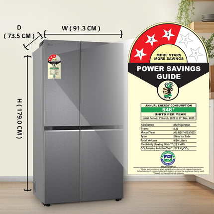 LG 650 L, 3 Star, Smart Inverter Compressor, Convertible, Door Cooling+, Frost Free Double Door Side by Side Refrigerator (GL-B257HDS3, Dazzle Steel, Express Freeze) 