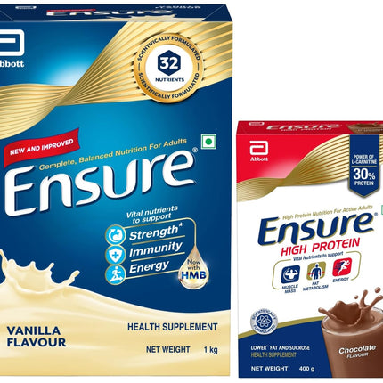 Ensure Complete Balanced Nutrition Drink For Adults- Vanilla 1Kg & Ensure High Protein Drink for Physically Active Adults- Chocolate 400g 