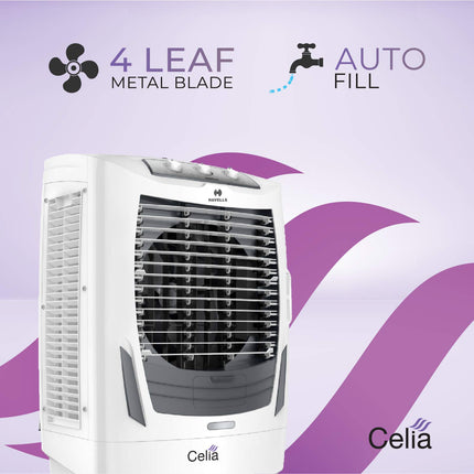 Havells Celia 55L Air Cooler for home | Ice Chamber | Collapsible Louvers | 4 Leaf Metal Blade | Powerful Air Delivery | Everlast Pump | 3 Side High Density Honeycomb Pads | Heavy Duty (White/Grey) 