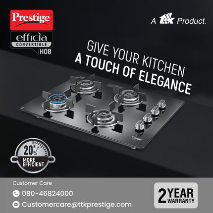 Prestige Efficia Convertible 4 Burner Glasstop Hob|One-Touch Advance Auto-Ignition|Cast-Iron Pan Support|Toughened Glass|SABAF Burners|Ultra-Slim Body|5 Years Warranty on Glass|Black 