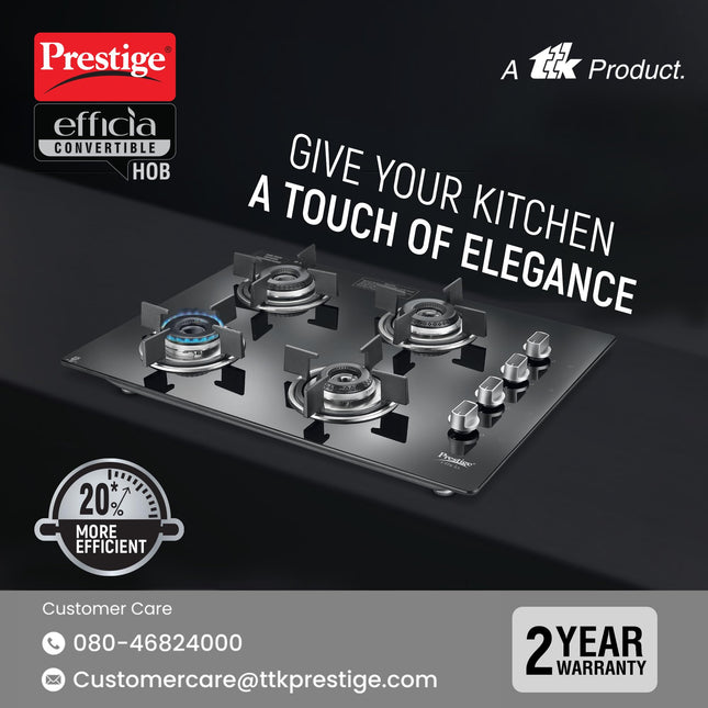 Prestige Efficia Convertible 4 Burner Glasstop Hob|One-Touch Advance Auto-Ignition|Cast-Iron Pan Support|Toughened Glass|SABAF Burners|Ultra-Slim Body|5 Years Warranty on Glass|Black 