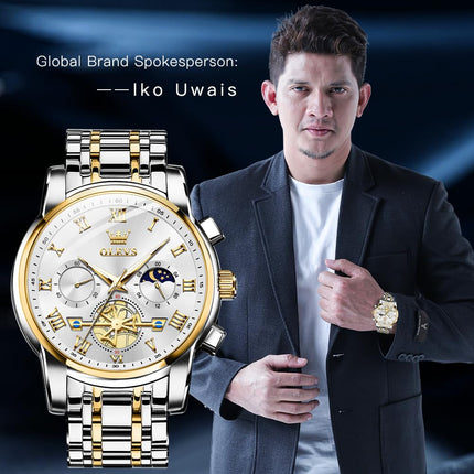 OLEVS Watches for Men Chronograph Business White Wrist Watches Analog Quartz Moon Phase Stainless Steel Waterproof Luminous Dress Watches 