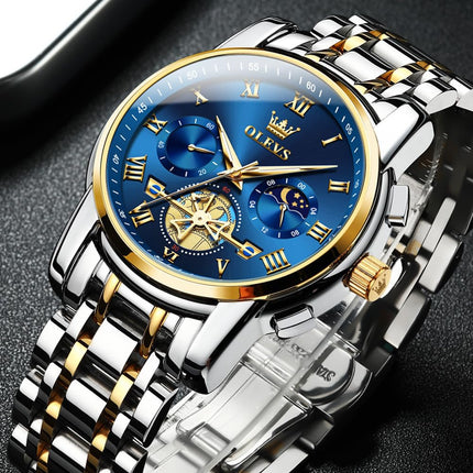 OLEVS chronograph Men's Stainless Steel Watch (Blue Dial Silver Colored Strap) 