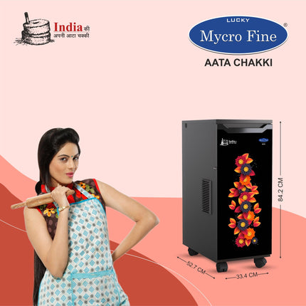 Lucky Mycrofine Eco Orange Flower Atta Chakki, Flour Mill 7 to 8KG Container Capacity Fully Automatic Domestic Ghar Ghanti for Grinding Masala and Grains, with Standard Accessories (0.75 Units/Hr) 
