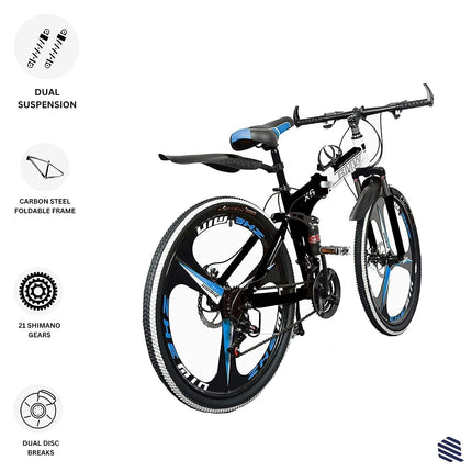 QUESEC BMV Foldable Bike 21-Speed Gears for Urban Commuters - Cycle for Adults, Gear Cycle for Boys Dual Disc Brakes Hydraulic Suspension Strong Carbon Steel Frame Bicycle for Men Adult and Teens 