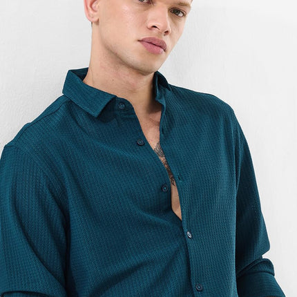 SNITCH Men's Casual Shirt | Slim Fit Full Sleeve Classic Collar Textured Design | Premium Polyester Blend & Lightweight Fabric for Everyday Wear | Teal 